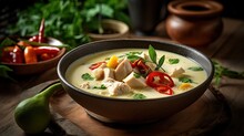 Close Up Thai Traditional Dish, Tom Kha Kai, Chicken Galangal Coconut Milk Soup, Generative Ai