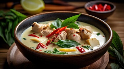 Close up Thai traditional dish, Tom Kha Kai, Chicken galangal coconut milk soup, Generative Ai