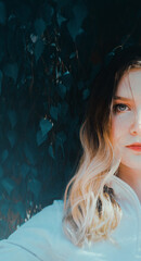 A gaze of a blonde woman in a white turtleneck sweater, standing amidst the dark foliage on a sunny day. A sense of mystery and alluring charm. 