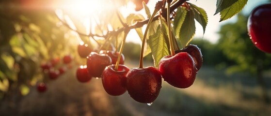 Wall Mural - Cherries in Orchard at Evening Sun Generative Ai