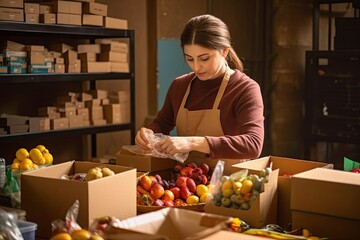 Female volunteer preparing packages with assorted food for unprotected families. Generative AI illustration.