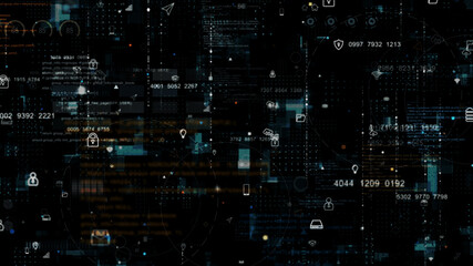 Wall Mural - blue data matrix simulation digital grid line and ai technology icon with futuristic hud screen on b
