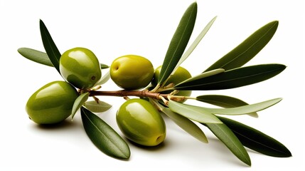 Wall Mural - Fresh Green Olives Isolated on a White Background with Twig and Leaves, Generative AI