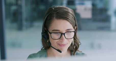 Fototapete - Call center woman, talking and happy in office for consulting, advice and smile at telemarketing job. Agent girl, crm and voip communication with mic, customer service and tech support in workplace