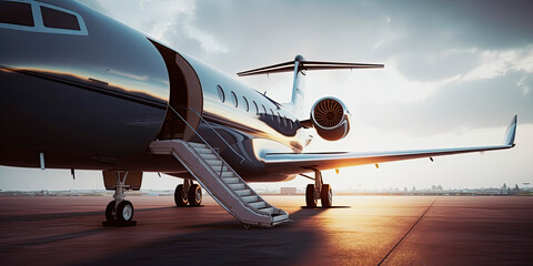 close-up of a business jet parked outside. generative ai