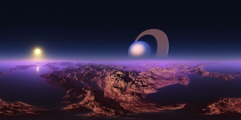 Wall Mural - Beautiful alien landscape, panorama of the surface of a fantasy planet, HDRI, environment map , Round panorama, spherical panorama, equidistant projection, 360 high resolution panorama, 3d rendering