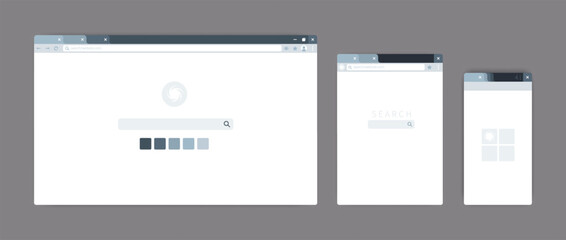 Aufkleber - Browser page. Website windows. Internet service UI. Mobile interface. URL address and search tab bar. Menu option buttons. Phone or computer screens. Vector desktop web templates set