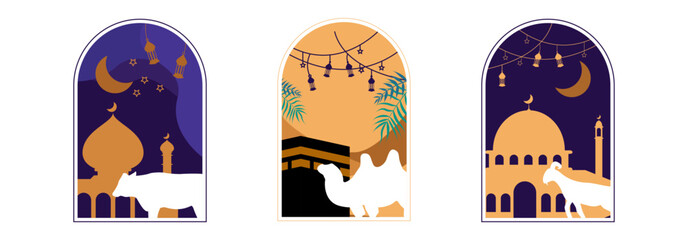 Wall Mural - eid al adha greeting card with sheep, cow, and camel for sacrificial in the night