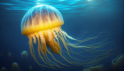 Wall Mural - Endangered Jellyfish cruises in the warm water under sea Ai generated image