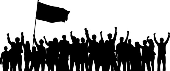 People with flags. Isolated silhouette. Vector border decoration. Conceptual illustration of meeting, protest, revolution, sport fans or music concert.