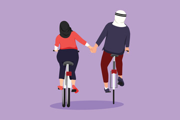 Wall Mural - Graphic flat design drawing happy Arab couple ride bicycles in meadow back to camera and holding hand. Young romantic man and woman in love. Romantic married couple. Cartoon style vector illustration