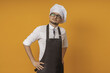 a male cook in glasses, a black apron and a beret put his hands on his hips and looks suspiciously at the camera, stands on a yellow background