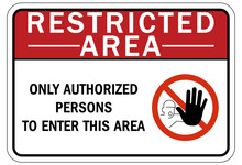 Restricted Area Warning Sign And Labels Only Authorized Persons To Enter This Area