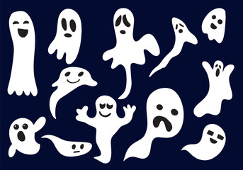 Wall Mural - A set of cute funny happy ghosts. Children's ghost characters for Halloween party. Magical scary spirits with different emotions and facial expressions. Vector illustration