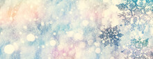 Christmas Winter Background, Banner With Copy Space For Text - View Of Decorative Snowflakes On Snow Background, Double Exposure Photo