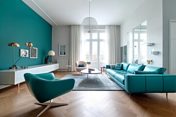 Interior design of modern living room with turquoise sofa and chair. Created with generative AI