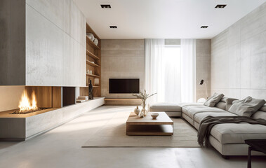 minimalist style interior design of modern living room with fireplace and concrete walls. created wi