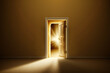 3D render, golden open door with light on the other side isolated on golden background made with Generative AI