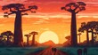 Leinwandbild Motiv Avenue of the Baobabs Madagascar at sunset - illustration retro style - made with Generative AI tools
