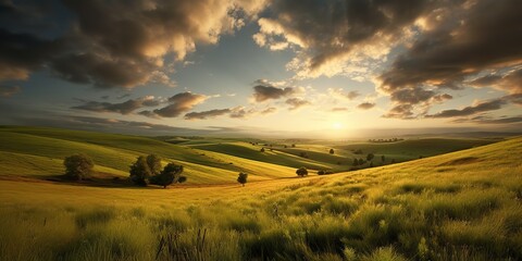 AI Generated. AI Generative. Photo realistic Illustration of green field grass hills landscape. Graphic Art