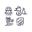 Legal illegal hand drawn icon. Set of doodle law balance, no corruption and bribe, gratification, judge decision verdict. Vector line illustration