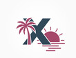 lowercase letter x with sun, sea and palm tree. creative vacation alphabet logotype. summer and exotic design