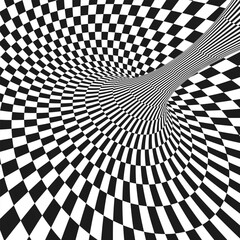 Wall Mural - Abstract optical illusion. Hypnotic tunnel with black and white squares. Vector illustration.