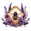 Drawing of a bee on honeycombs, lavender sprigs, print, logo isolated on a white background. Bees collect nectar logo isolated. Stylized drawing with bees. Generative ai.