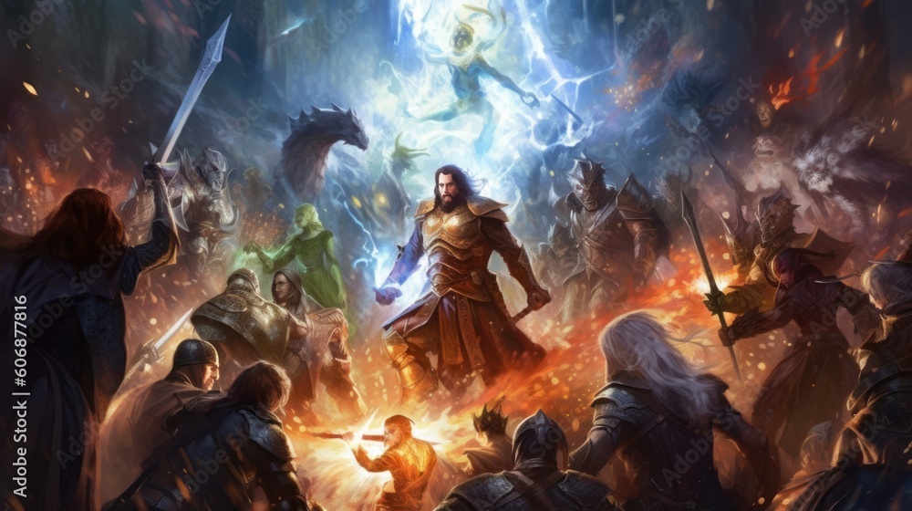 Epic fantasy battle between different races and factions, featuring ...