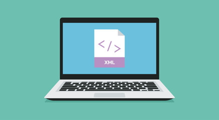 Wall Mural - file format icon with xml label on laptop screen, vector flat illustration