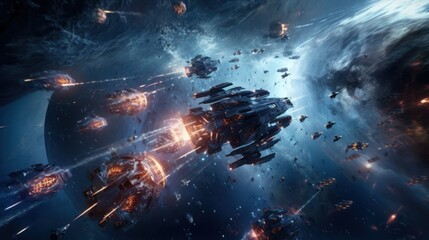 Epic space battle between starships, with laser beams, explosions, and futuristic weaponry lighting up the cosmic void