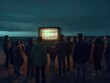A crowd of people are looking at a huge old TV in the sky that is glowing. AI generative.