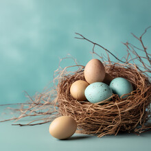 Illustration Of Bird Eggs In A Natural Nest On A Pastel Mint Green Background Generative AI