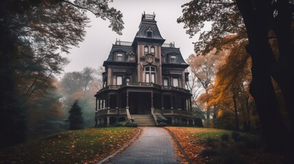 Spooky haunted mansion, complete with eerie architecture, ghostly apparitions, and hidden secrets waiting to be discovered