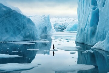 A man in the midst of melting glaciers. The challenge of global warming. Generative AI