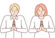 Pair of angels pray with hands folded in front of chests and standing with halo over heads