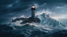 Stormy High Waves Over The Lighthouse On A Cloudy Day. Generative AI