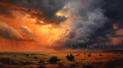 Wall Mural - stormy sky at sunset with colorful clouds at sunset. element, force of nature. Generative AI