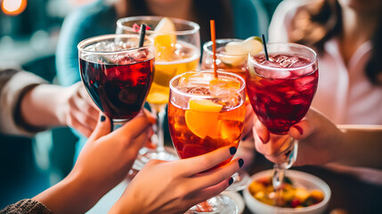 Close up image of hands holding cocktail glasses at bar restaurant - Young people having fun hanging out on weekend day - Food and beverage concept with guys and girls drinking alcohol together