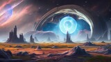 Fototapeta  - Ancient Alien Civilization Ruins in an Outer World in the Cosmos with Planets, Stars, Galaxies, and Nebules in The Horizen - AI Generative