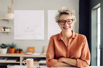  Confident stylish mature mid aged woman standing at home office. Mature businesswoman, blond lady executive business leader manager looking at camera arms crossed, generative AI