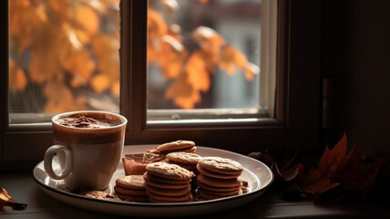 Photography of a hot chocolate with cookies in a window with an autumn day, warm atmosphere. IA generative.