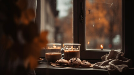 Photography of a hot chocolate with cookies in a window with an autumn day, warm atmosphere. IA generative.