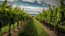A Vineyard With Rows Of Lush Green Grapevines Stretching Into The Distance Generative AI