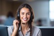 Call center, young woman and smile in contact us with CRM, headset with mic and mockup space. Customer service consultant, happy female and telemarketing with sales and help desk. Generative AI