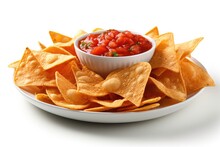 Delicious Plate Of Chips And Salsa On A White Background. Generative AI