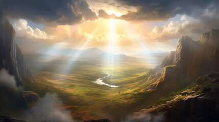 Sunlight filtering through gaps in the clouds, casting ethereal rays across the landscape Generative AI