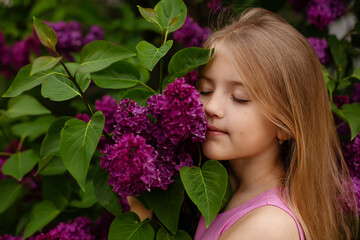 a large portrait of a blonde girl with a large bouquet of purple lilac who enjoys the fragrance of flowers