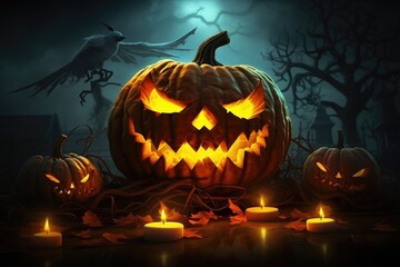 Wall Mural - halloween scary jack o lantern pumpkin carving photo wallpaper generative ai