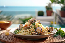 Spaghetti Vongole On A Plate With Summer Ocean Landscape In Background, Generative AI